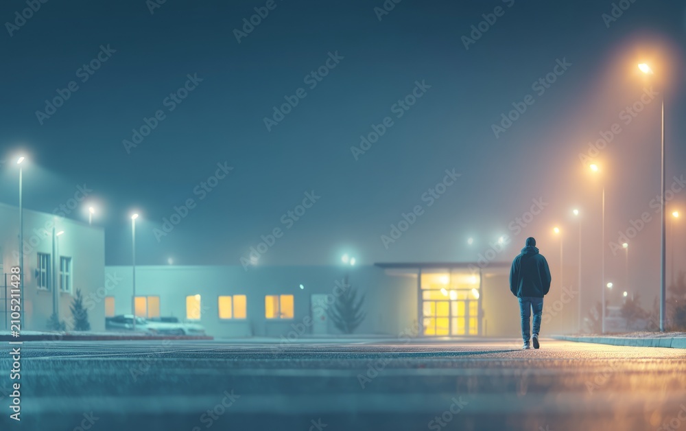 Obraz premium Lone man walking on quiet urban street illuminated by streetlight fog at night