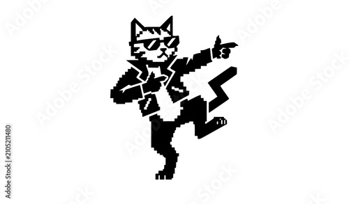 Cool cartoon cat vector illustration wearing sunglasses and a leather jacket dancing black silhouette mascot logo isolated on white background for apparel design projects