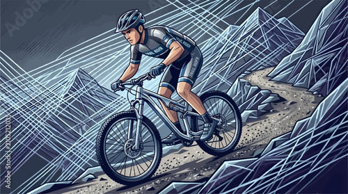Quadro su tela Mountain Biker Riding Uphill on Rocky Trail, Cyclist Wearing Helmet and Athletic