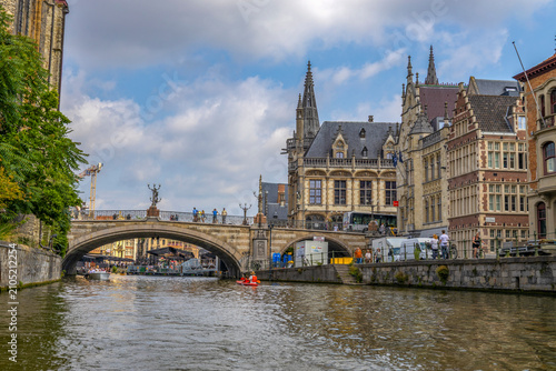 GHENT, BELGIUM, JULY 14, 2025 - Saint Michael's bridge on the Lys river in Ghent, Belgium