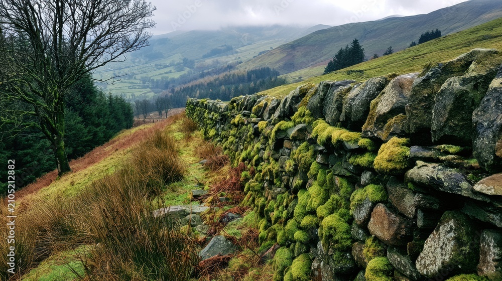 Fototapeta premium Moss covered dry stone wall in misty green hills, countryside landscape