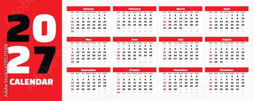 Modern and clean design 2027 wall calendar template featuring all months for comprehensive yearly planning and scheduling
