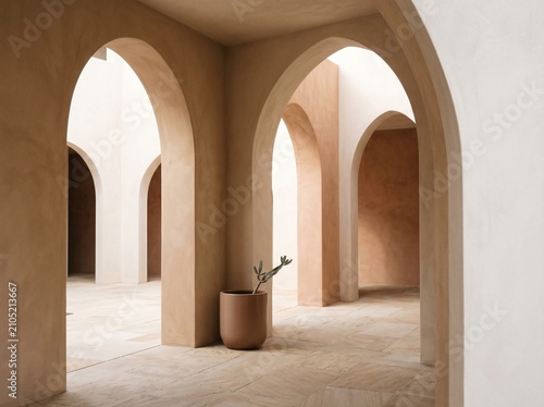 Minimalist beige arches with a plant pot. Modern architectural interior in neutral tones.