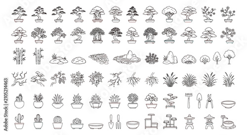 Cuadro en lienzo Japanese bonsai tree line icons set, minimalist zen garden vector elements, bota