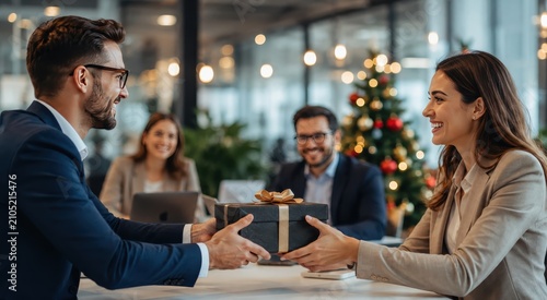 Business colleagues exchanging corporate holiday gift in office