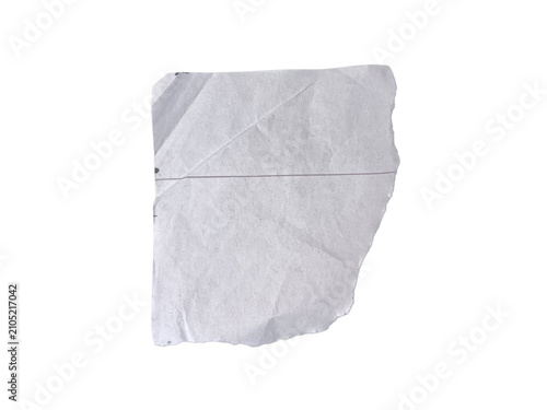 Torn white paper scrap. Ripped document piece with rough edges isolated on white background.
