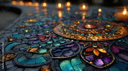 Vibrant Mosaic Artwork with Candles.