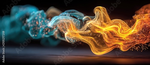 Vibrant swirling liquid forms collide.