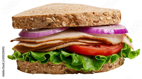Fotografía Whole wheat bread sandwich with turkey lettuce tomato, and red onion