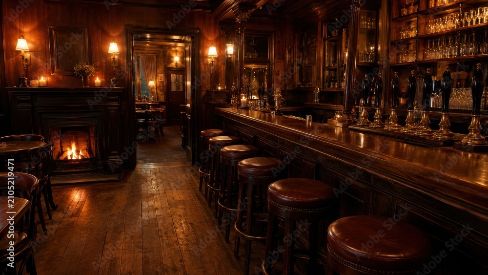 Obraz premium Cozy traditional English pub interior with dark wood and brass
