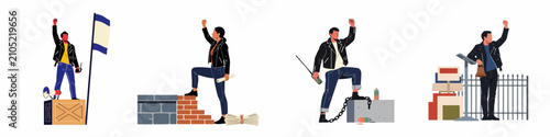 Collection of diverse activists and protesters in flat vector style, illustrating social movements, rebellion, and the fight for human rights and freedom.