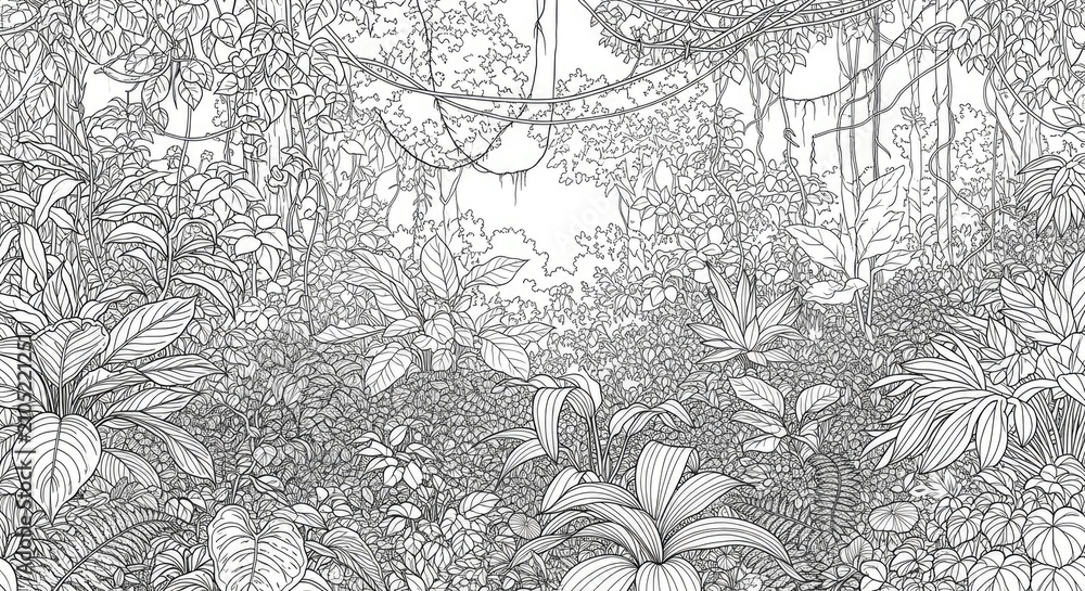 Obraz premium Detailed vintage engraving of dense tropical jungle foliage.