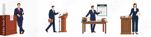Photos Collection of flat vector illustrations depicting professional lawyers and attorneys in various courtroom scenarios such as presenting evidence, speaking, and standing at a podium