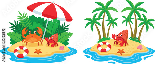 Cute Tropical Beach Island Vector Illustration Set with Crab Hermit Crab Palm Trees and Umbrella Designs