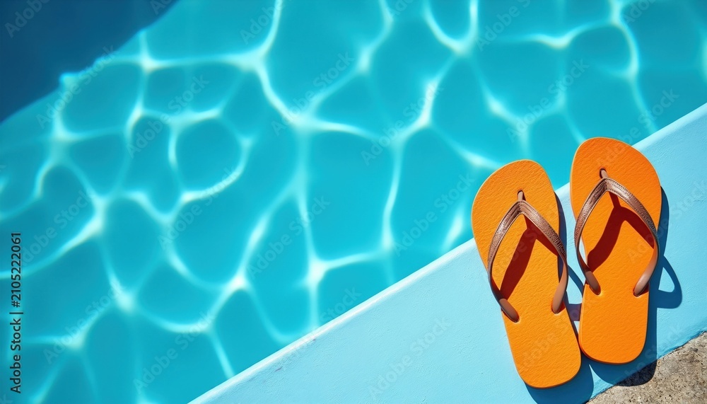 Obraz premium Orange flip-flops rest on bright blue poolside ledge beside shimmering clear water. Sunny day leisure, relaxation, vacation vibes await. Enjoy summer fun.