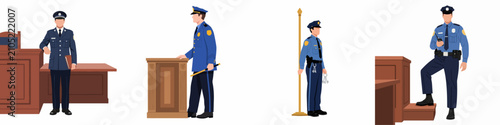 Quadro su tela Set of flat vector illustrations of a police officer or court official in various professional poses and courtroom settings