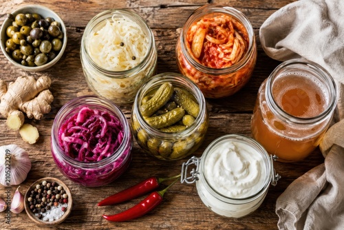 Fermented foods in glass jars overhead flat lay for gut health nutrition