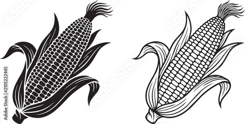 Konstfotografi Vintage Hand Drawn Sweet Corn on the Cob and Maize Engraving Silhouette Vector I