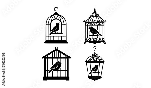 Fotografie Vintage birdcage collection black silhouettes of birds in decorative cages