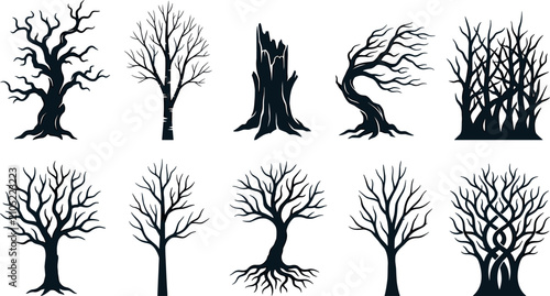 Foto Dead Bare Winter Tree Black Silhouette Vector Set with Gnarled Branches Roots St
