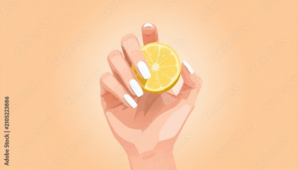 Obraz premium Vector art of a hand with elegant white nail polish holding a fresh yellow lemon slice, perfect for beauty, skincare, and citrus vitamin C concept