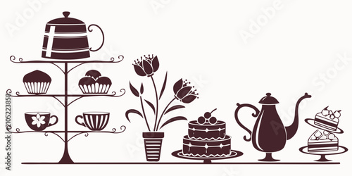 Fotografie Set of 13 vintage tea party silhouettes with teapots, cups, saucers, and cakes o