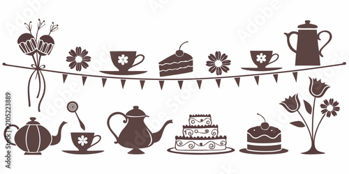 Εκτύπωση καμβά Vintage tea party set with floral teapots, cups, saucers, and accessories in bla
