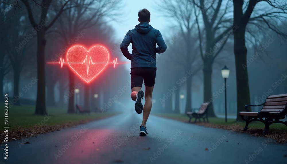 Obraz premium Man runs on foggy park path with glowing heart monitor graphic. Person trains for endurance, aiming for health. Active lifestyle pursuit, focused determination, vital energy, and fitness goals.