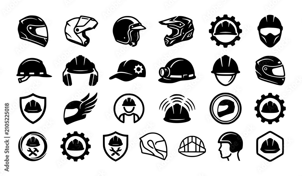 Fototapeta premium Protective headgear collection helmets and hard hats icon set
