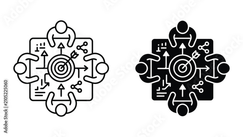 Business team strategic planning meeting icon set with strategy, planning