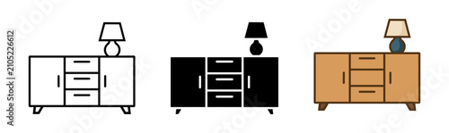 Foto sideboard cabinet with table lamp icon set line silhouette and color vector
