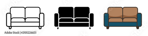 two seater sofa loveseat icon set line silhouette and color vector for living room furniture