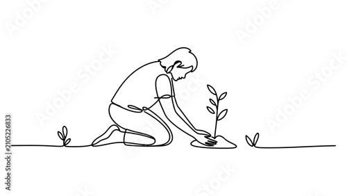 Photos Continuous single line drawing of a person planting a small tree sapling in the