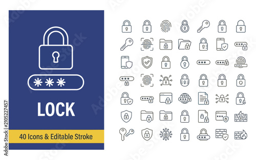 Collection of Forty Professional Security and Cybersecurity Icons Featuring Editable Stroke Widths for Digital Safety and Data Protection Projects