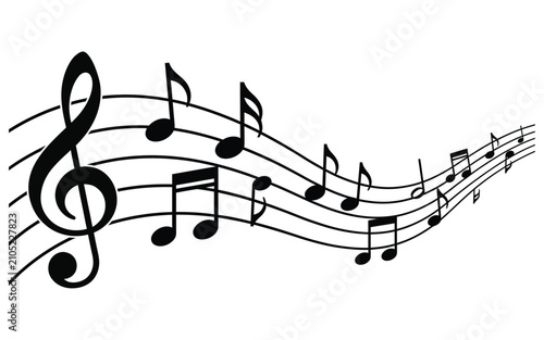 Elegant Black Musical Notes And Treble Clef Symbols Flowing Along A Wavy Staff Line Design Element For Artistic Music Composition And Performance Themes