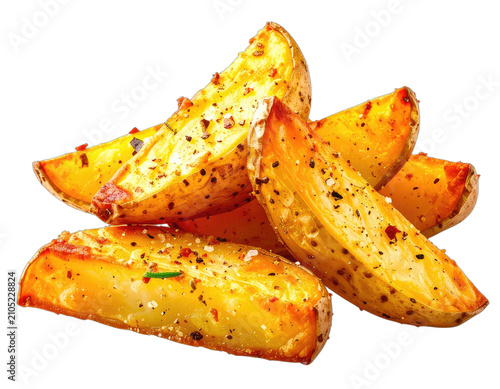 Crispy seasoned potato wedges piled against a black background.