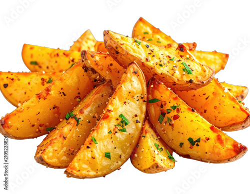 Crispy golden potato wedges seasoned with herbs and spices are piled high against a black background.