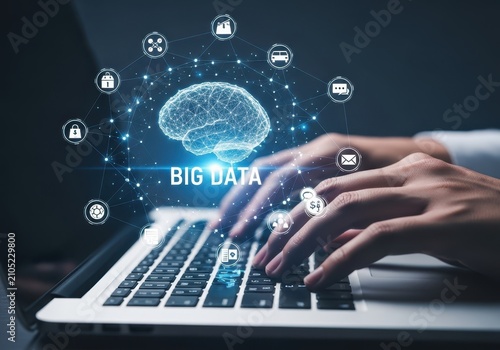 Hands typing on laptop with digital brain and big data network icons