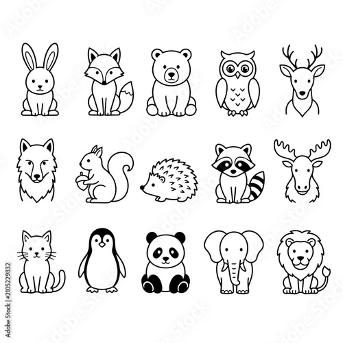 Vector illustration of various cute animals in simple line art style