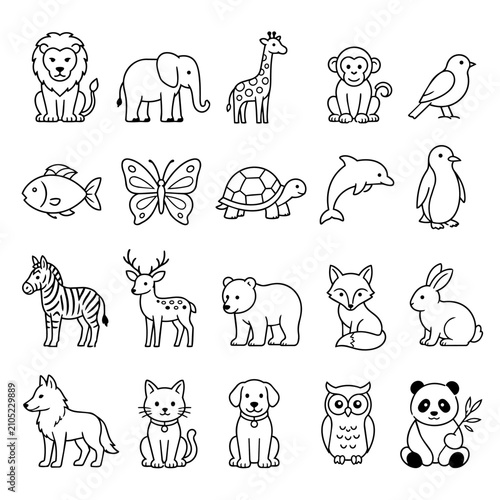Black and white vector illustration of various cute animals