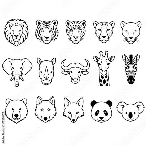 Black and white vector illustration of various wild animal heads