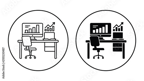 Office workspace desk financial data icon set with office setup, workspace