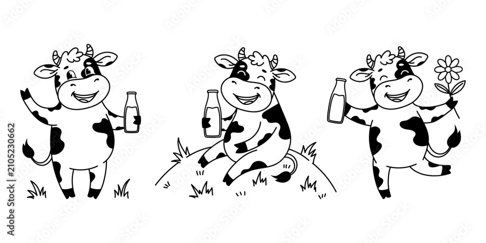 Fototapeta premium Set cute doodle cows holding milk bottles in different poses. Cow character for milk packaging. Black and white line illustration for kis books, coloring pages, food packaging or dairy branding.