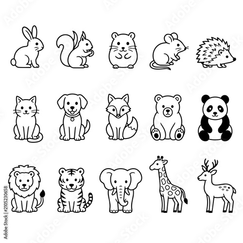Black and white vector illustration of various cute cartoon animals
