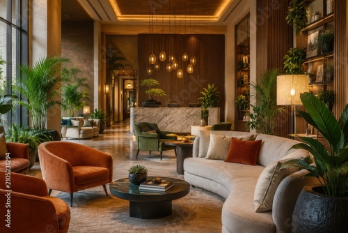 Modern boutique hotel lobby interior with warm lighting and lounge seating