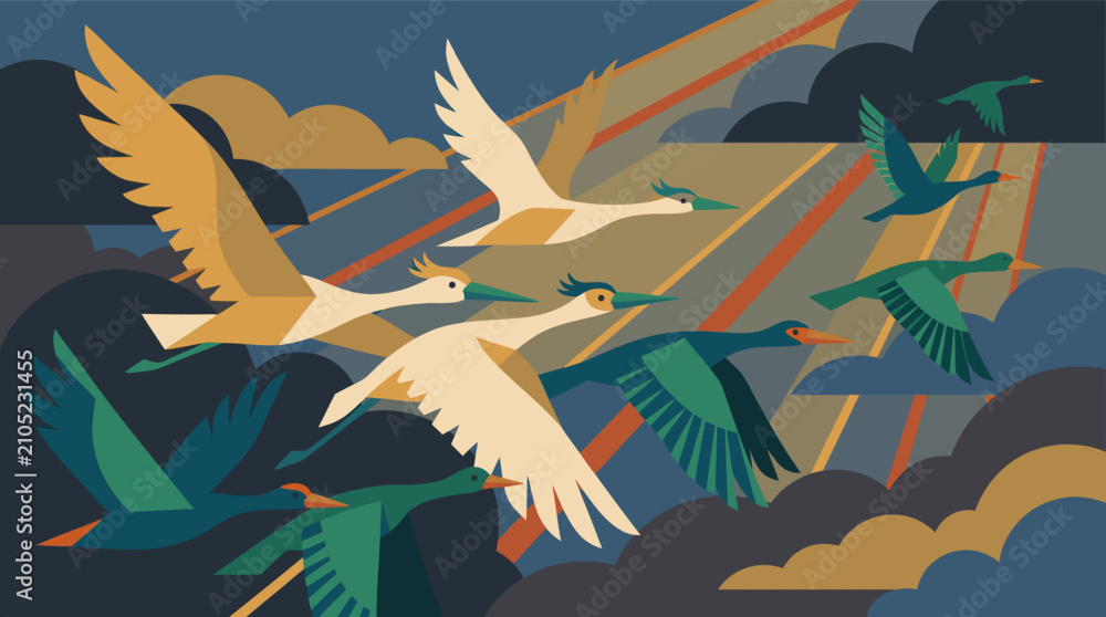 Obraz premium Flying herons and cranes through dramatic geometric clouds at sunset