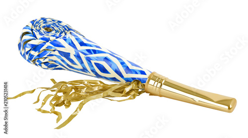 Konstfotografi Party horn with blue and white geometric pattern and gold streamers