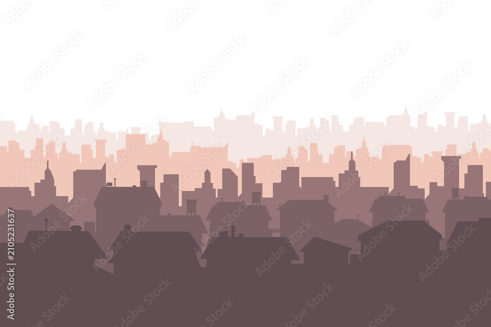Obraz premium Suburban street silhouette in a small town. Roofs of houses. Country landscape. Housing vector. Seamless composition isolated on white background