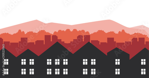 Norway City Skyline Silhouette Vector Illustration. Scandinavian Houses and Mountain Landscape Background