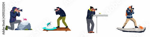 Canvastavla Vector illustration set of photographers capturing macro shots of colorful beetles in various outdoor environments using professional camera equipment